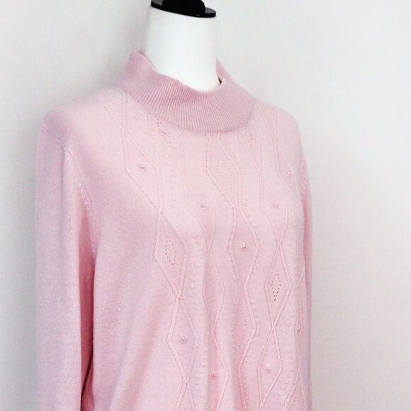 Pale Pink Beaded Sweater, Vintage Mock Turtleneck Long Sleeved Pullover - Picture 2 of 10